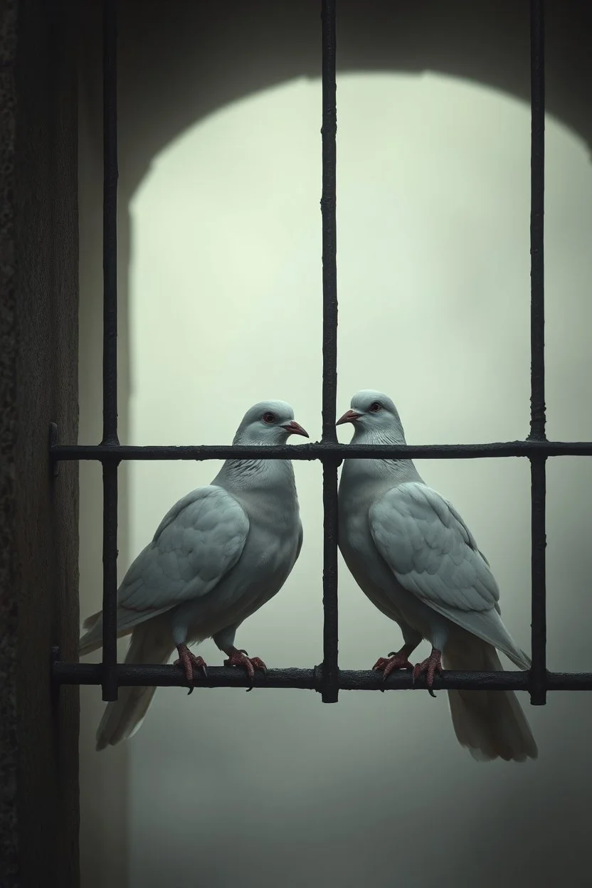 Extremely realistic photo of two white doves prison , wall with bars , fog, general foul weather, (Rembrandt Lighting), zeiss lens, ultra realistic, (high detailed skin:1.2), 8k uhd, dslr, Dramatic Rim light, high quality, Fujifilm XT3, artwork in pale distressed tones , minimalistic approach, blends old world aesthetics art with elements of distressed painting and illustration, shadow play, high conceptuality, palette inspired by Charlene Mc Nally, Bosch