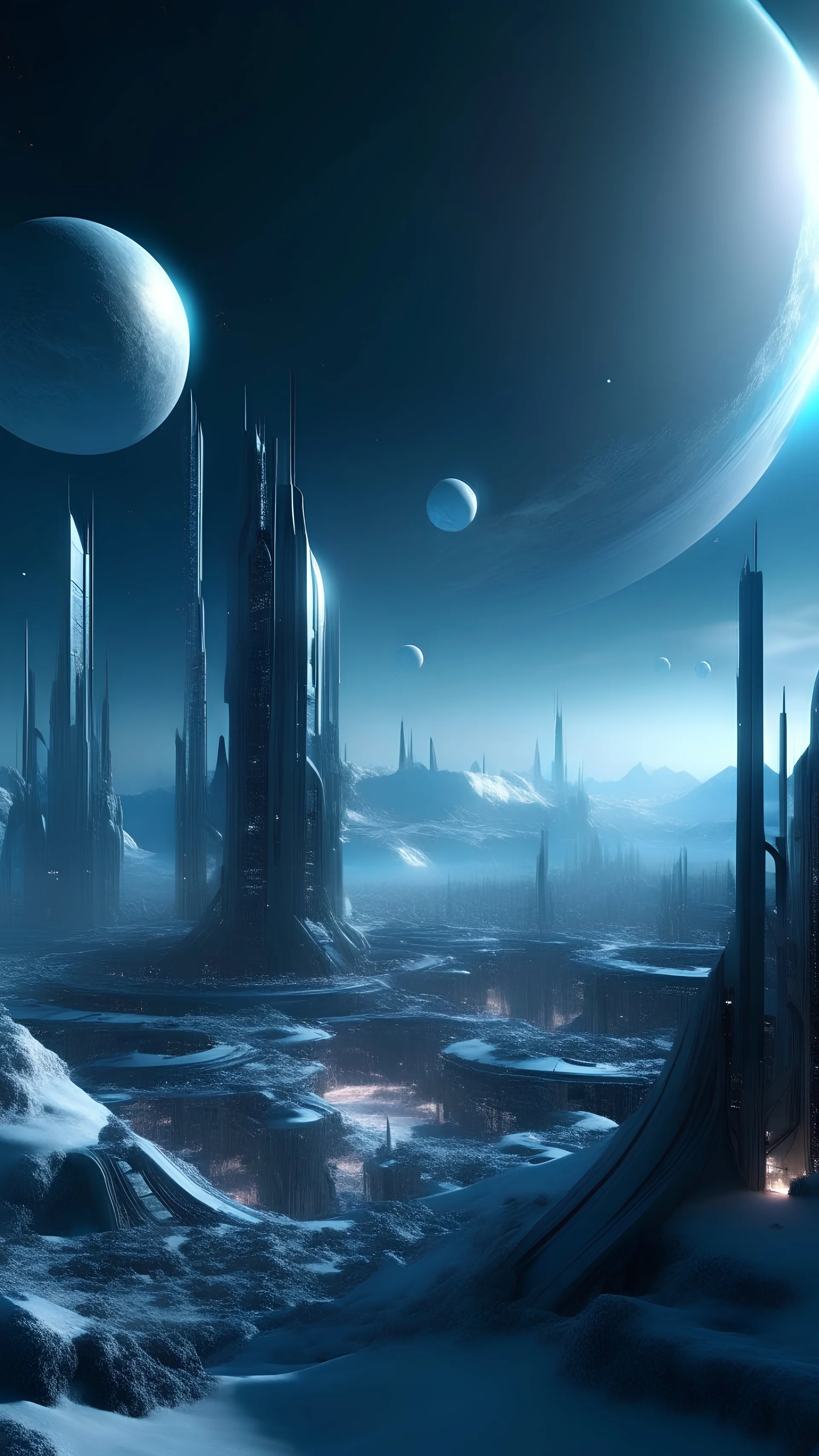 sci fi planet, busy city, futuristic glacia