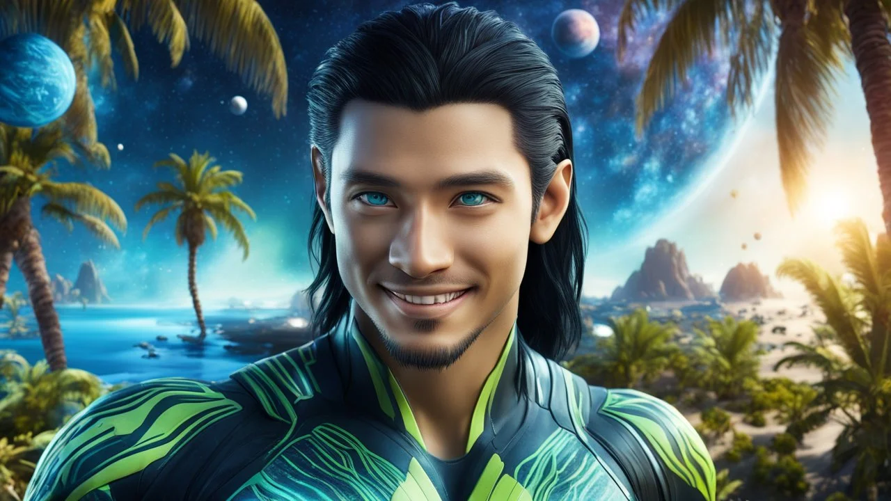 beautiful gorgeous young man na'vi with long hair, Avatar, blue skin, two small ears, green eyes, black hair, in cosmic suit, galactic ambiance, medium pointy goatee , smiling, with spaceship and planets and palm trees and clear crystaline cosmic beach in background