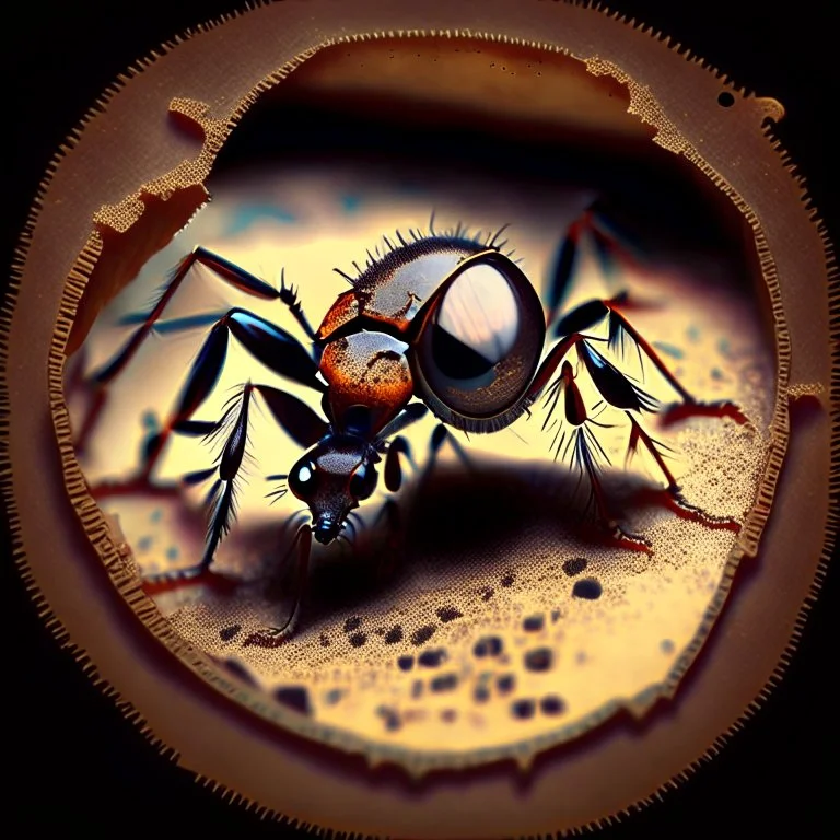 an ant under magnification, old school, paiting