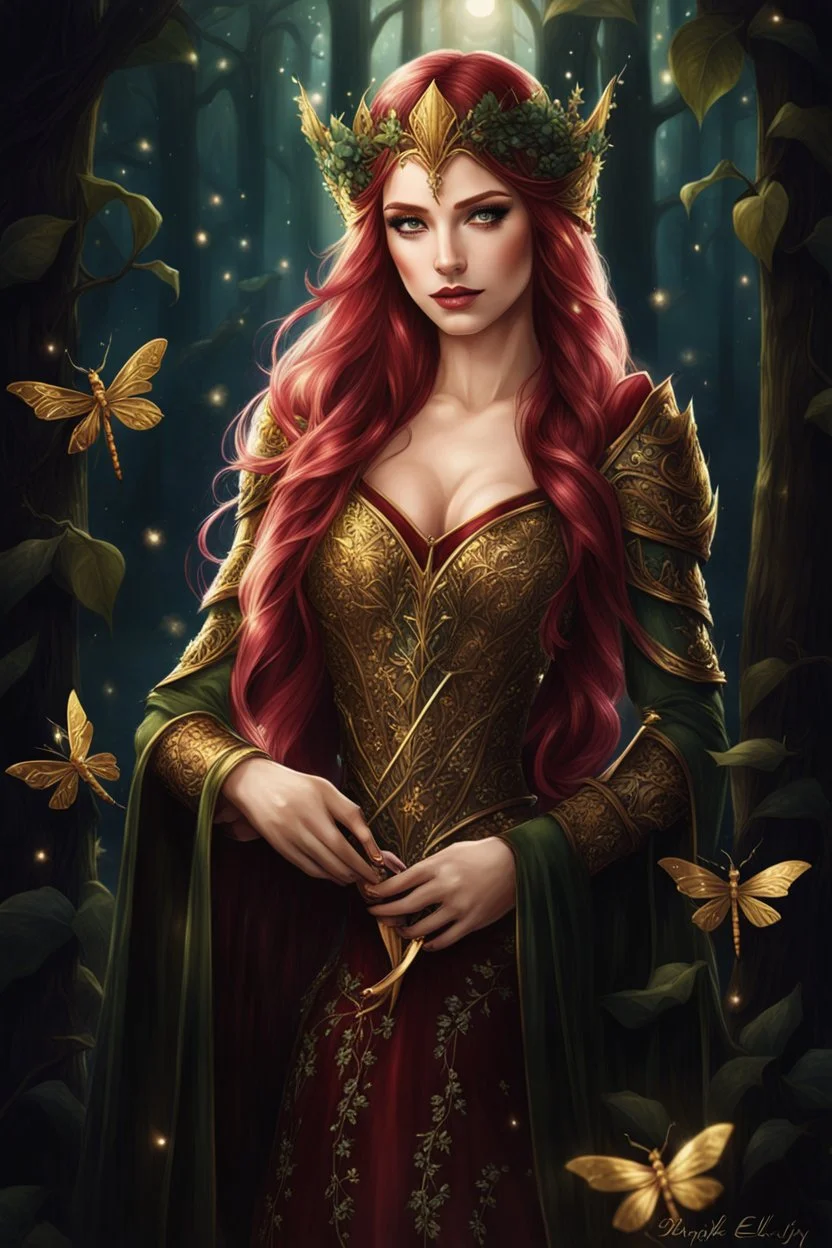 Burgundy hair, dark hair,dark red , rapunzel hair,very long hair,dark fairy princess,elven crown,night,dragonflies,beautiful,ong ashes,golden armor ,sparkle,night blooming,ivy,dark green,lilly of valley,golden elven crown,elven warrior,dark gold armor