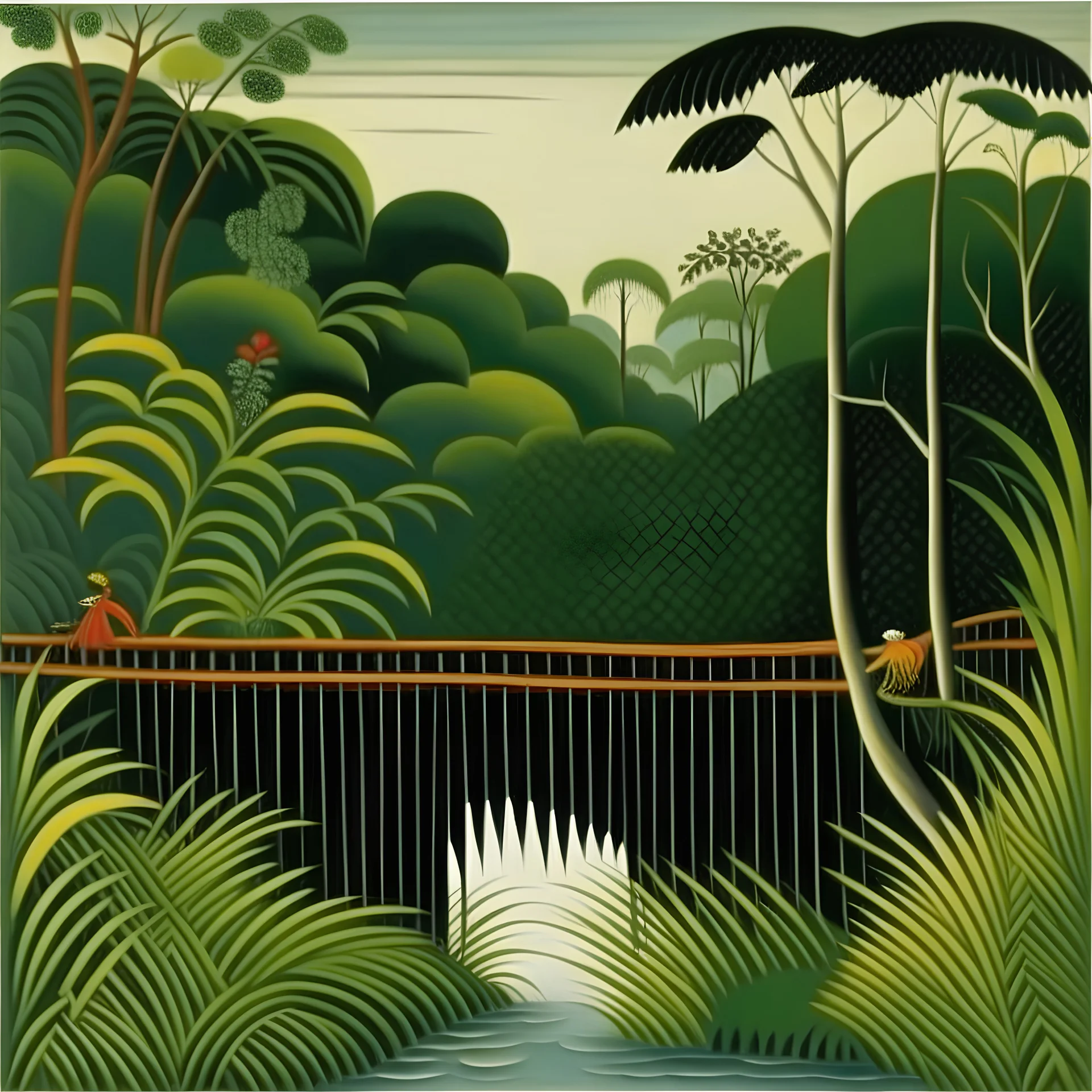 A bridge near a jungle painted by Henri Rousseau