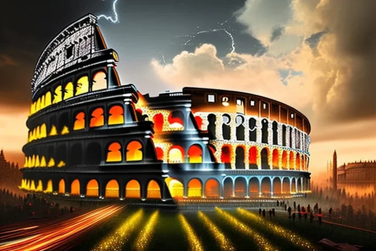 golden waterfall falling from clouds into roman colosseum,nature, hyper detailed, digital painting, elegant, centered, detailed, neon signs, 8k, shining, heaven, many happy people, dampf,