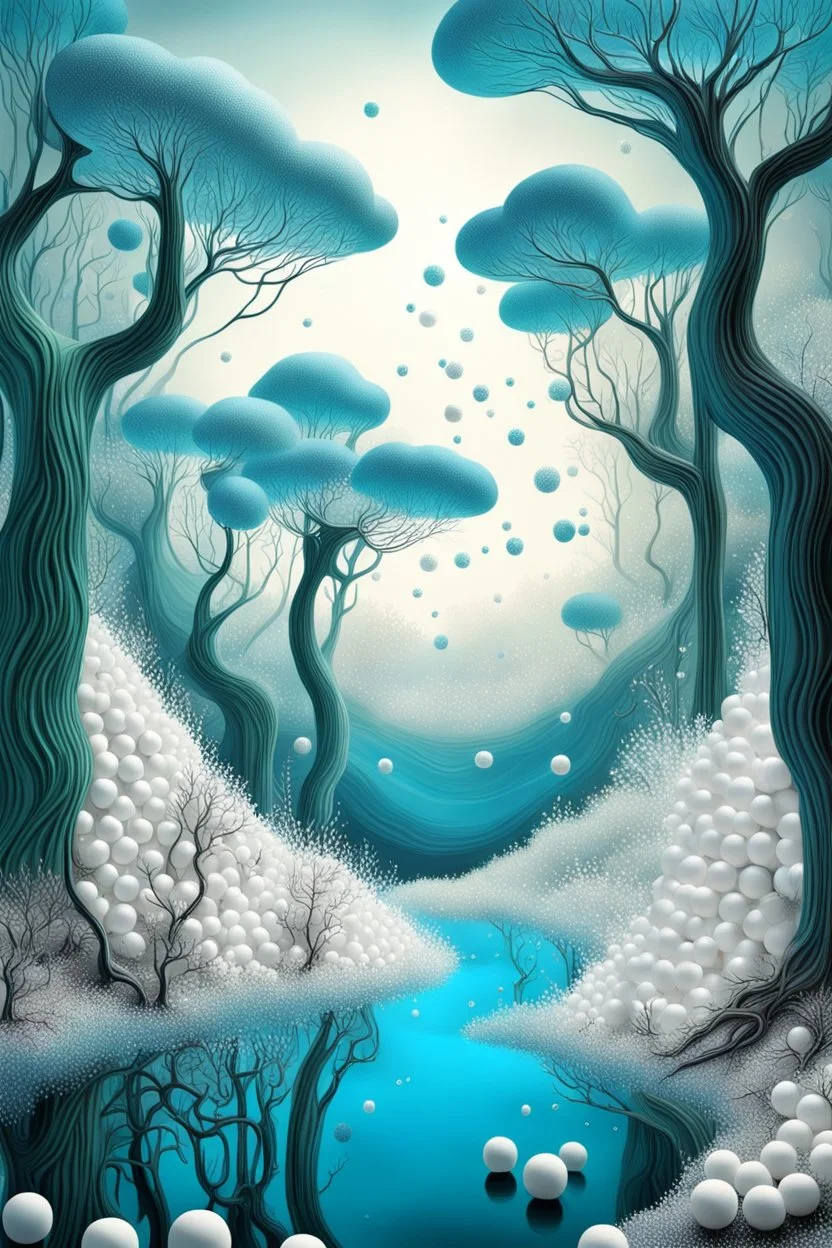 A stunning forest with tree made out of plastics and a lake of white small balls ad water, surreal, Dali, Van Gogh, fine line art styles , fantasy world ,