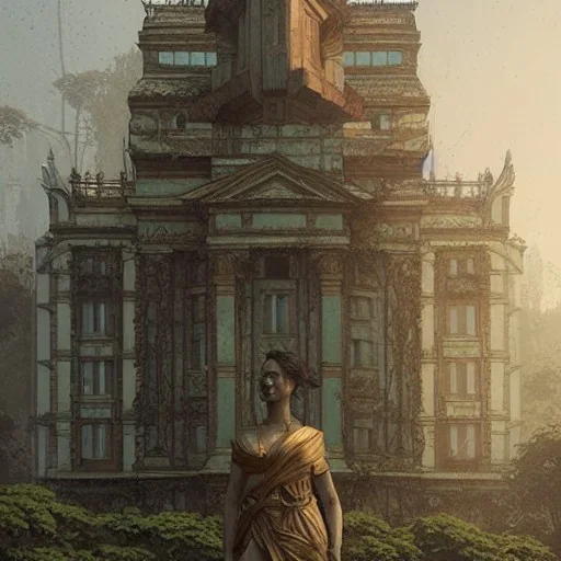 Depiction on the building and statues, highly detailed depiction, overgrown, building, old, 3d, concept art portrait by Greg Rutkowski