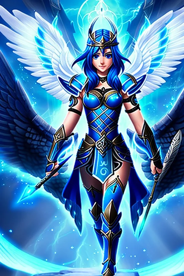 a person in runic armor with blue wings, blue short hair, runic tattoo and spell book