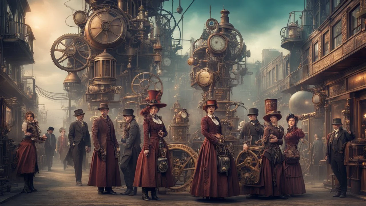 Award-winning photograph of a group of (steampunk) people dressed in intricate Victorian-era clothing, operating (steampunk) machines and inventions in a bustling steampunk cityscape, retro-futuristic, industrial revolution, science fiction, detailed environment, atmospheric lighting, mechanical engineering marvels, gears and pipes, vibrant colors, cinematic, alternative history, art nouveau aesthetic, trending on DeviantArt, high detail, 16k.