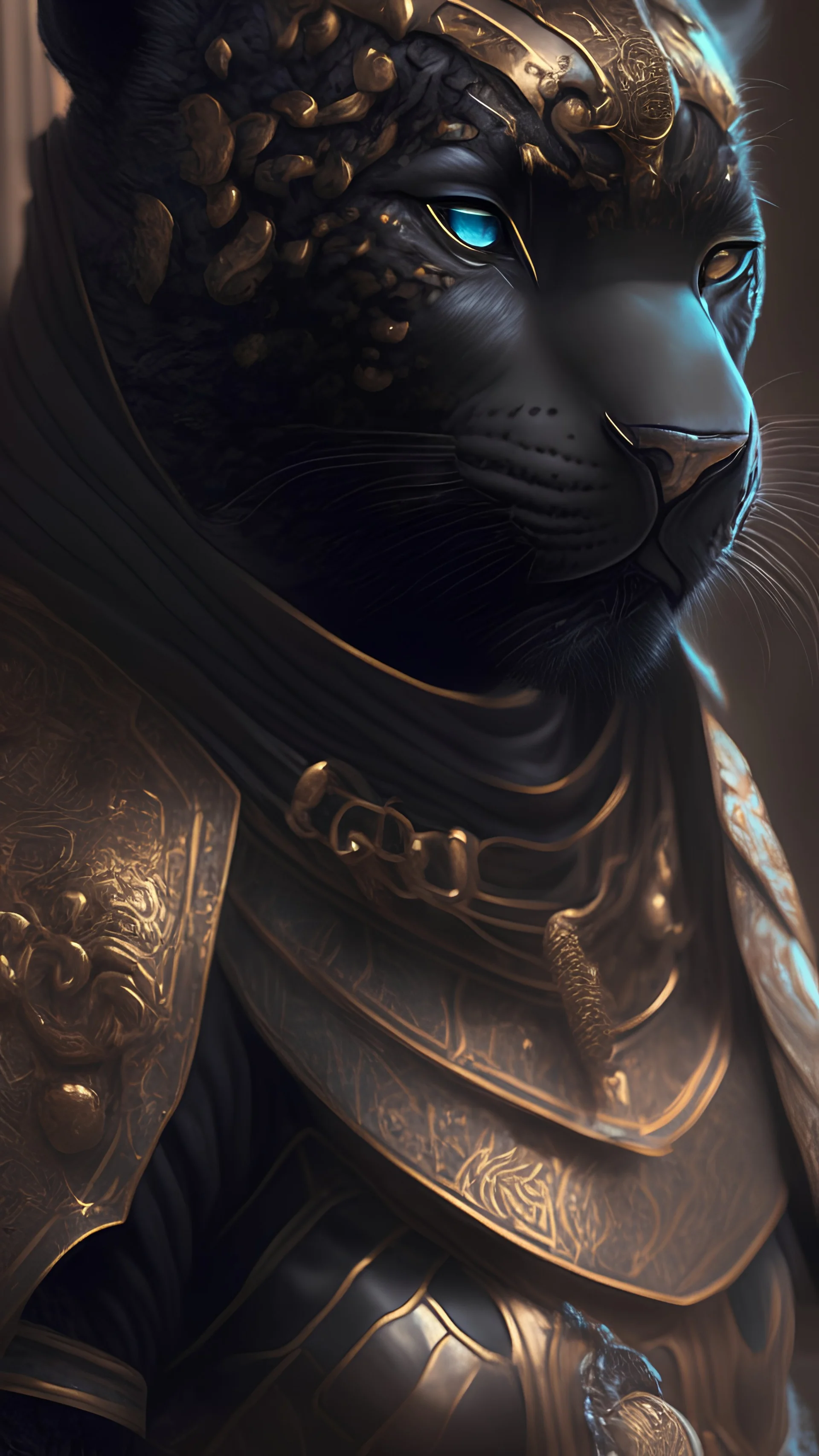 photorealistic cute black jaguar knight, hyperdetailed painting, luminism, Bar lighting, complex, ancient greek clothes, messy brown old clothes, 4k resolution concept art, Artgerm, WLOP, Alphonse Mucha, 3d render, octane render, intricately detailed, cinematic, trending on artstation | Isometric | Centered hipereallistic cover photo awesome full color, hand drawn, dark, gritty, realistic mucha, klimt, cinematic