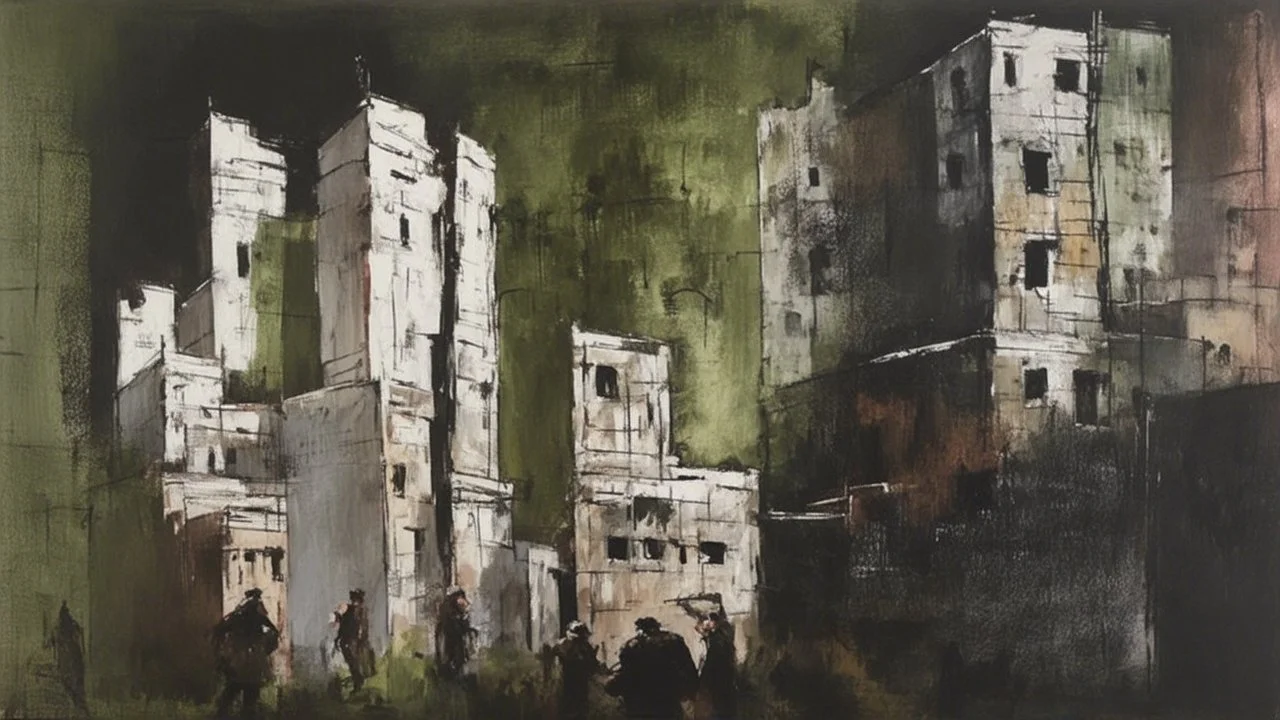 an image of a painting of a city, barracks, dark weather, sumi-e art, slight ruin, village, evocative, green tones, city skyscrapers, color change.