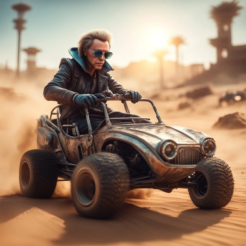 airbrush with pen outline, cool space mad max pimp Christopher Walken gremlin with a psychedelic dune buggy in action scene, wearing driver gloves, wearing flip down sun glasses, in the style of a fallout 4,bokeh like f/0.8, tilt-shift lens 8k, high detail, smooth render, down-light, unreal engine, prize winning