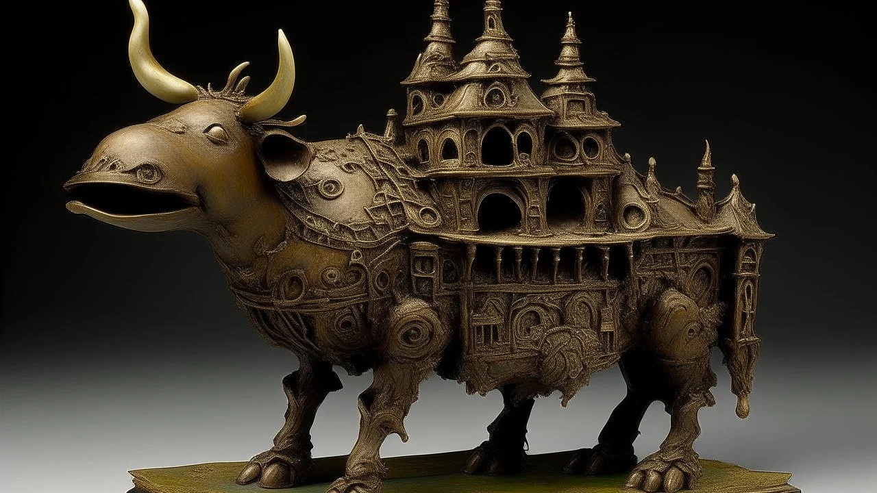 A brownish bronze coliseum with a moose designed in African masks painted by Claude Monet