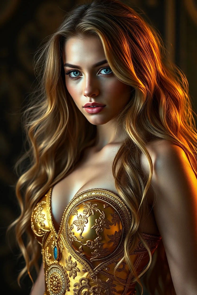 A hyper-realistic, detailed photo ,Body on gold gorgeous colourfull women full natural gold body ,and long hair ,blue eyes, bathed in cinematic light. , realistic elements, captured in infinite ultra-high-definition image quality and rendering, full size photo