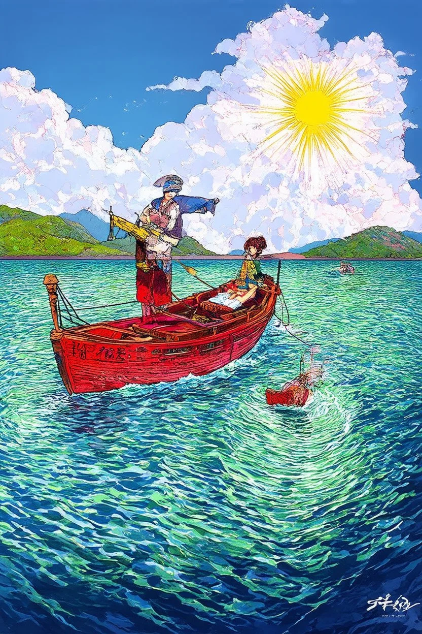 on the boat on a long journey, japanese modern pop art