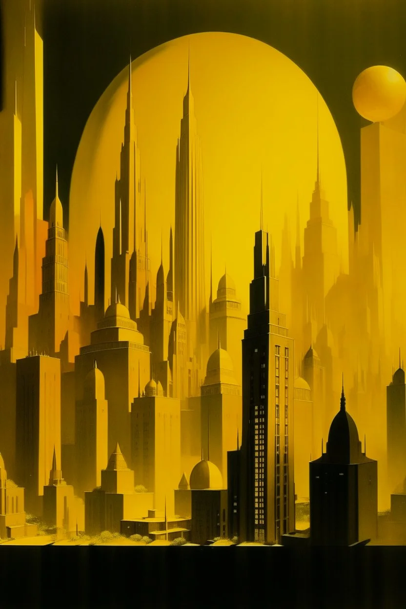 A golden yellow luminous metropolis designed in Mayan architecture painted by Lyonel Charles Feininger