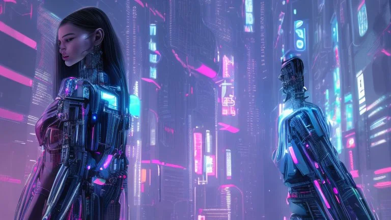 cyborg girl, futuristic, sleek cybernetic enhancements, neon accents, Tokyo at night, Blade Runner inspired, high-tech armor, LED-lit streets, reflective surfaces, holographic displays, UHD, HDR, wide angle lens:: Text, fingers, numbers, logo::-0.5 --ar 16:9