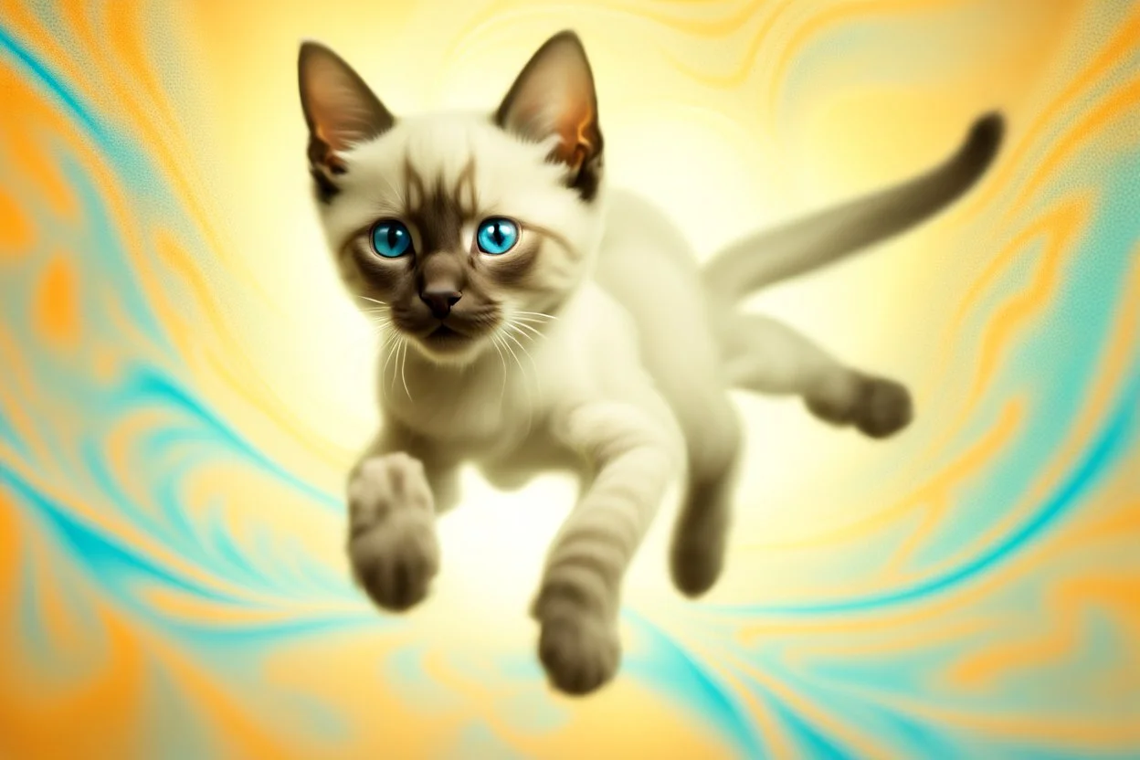 A high-speed action shot of a young Siamese kittenwith brown ears, captured in mid-leap or play. The image is detailed and intricate, featuring swirling fractal patterns surrounding the kitten, enhancing the sense of motion and energy. In the background, there's a mesmerizing fractal landscape, with complex geometric shapes and vibrant colors. The landscape and the fractal patterns around the puppy blend seamlessly, creating a dynamic and visually captivating scene in space with chrome silver pl