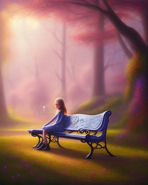 park mystical dream, park bench, man, woman, child, dog, trees, path, bird, sunshine, mystical, fantasy, romanticism, pastel colors, daylight, daytime, acrylic painting, detailed, soft focus,