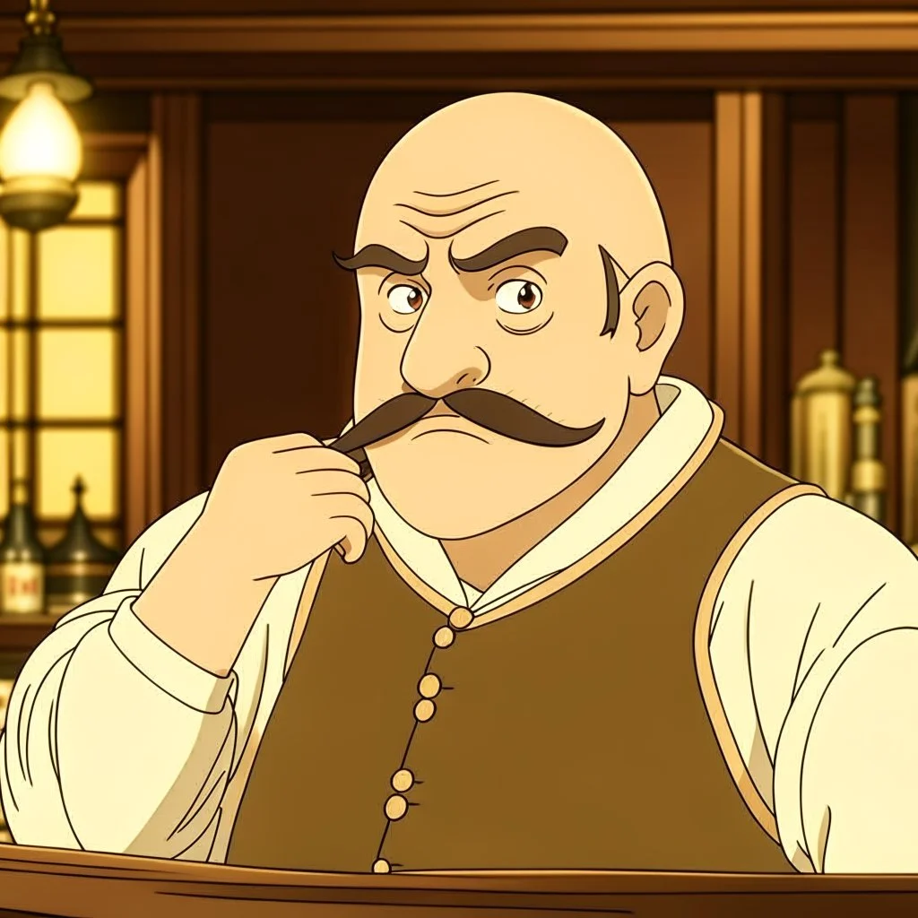 A fat balding Italian man with mustache in a medieval tavern anime