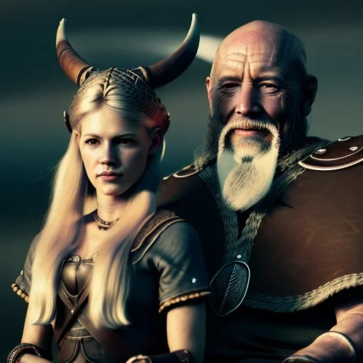 Viking theme, a younger woman sitting next to a 50-year-old man, portrait, 8K, close-up face, anatomically perfect face, Highly detailed stunning full frame portrait, misty and cloudy atmosphere