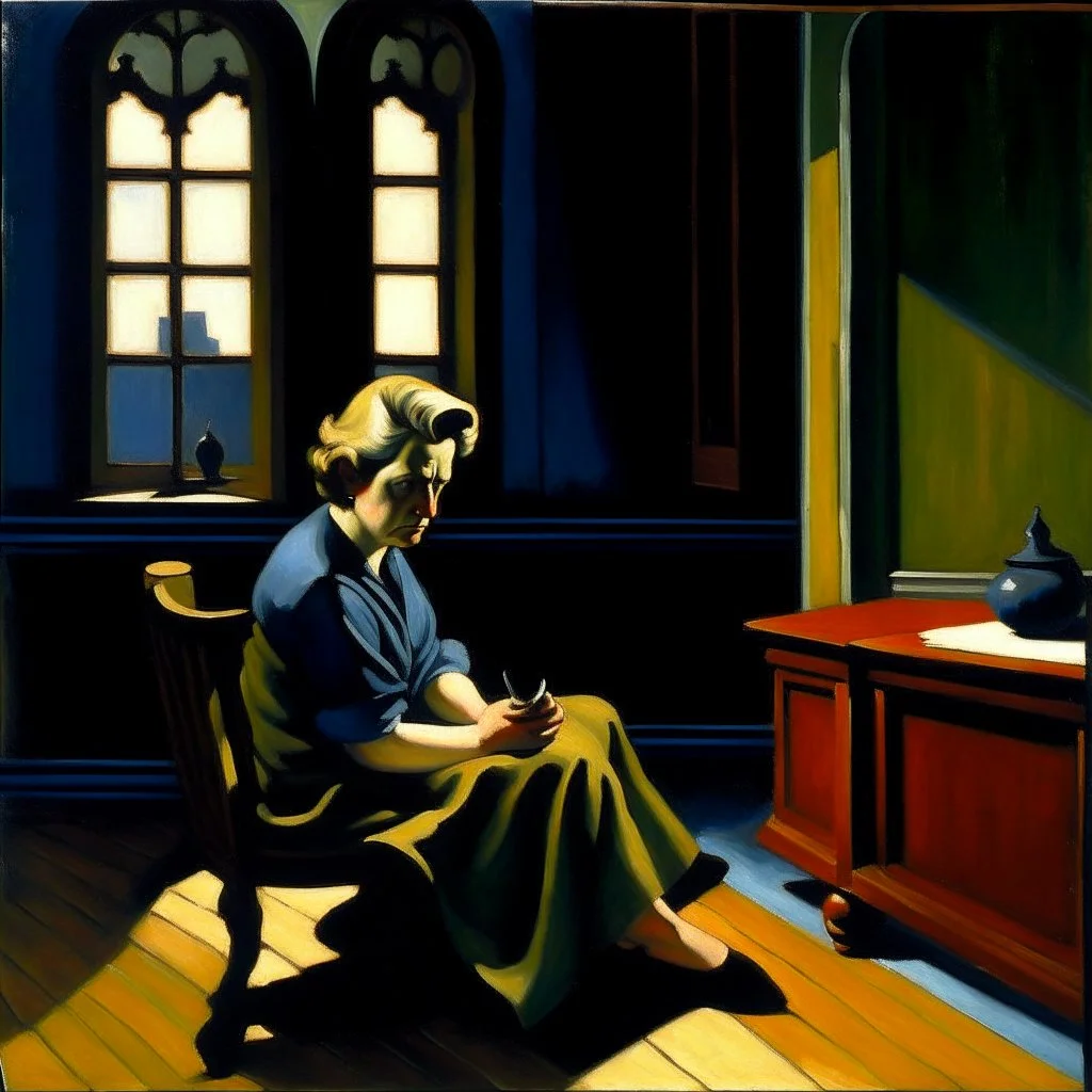 oil painting, woman seating down, dark, Edward Hopper