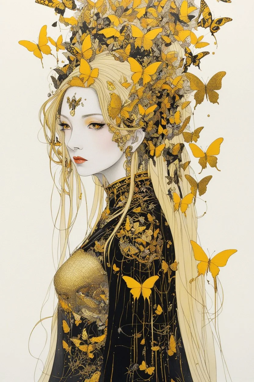 style of Yoshitaka Amano ~ Butterfly Empress, long huge flowing gold hair, yellow eyes. dressed in a cosmic gold plated Armor made of gold butterflies. standing in a room made of butterflies. surrealist. Shades of luminous black and yellow piercing shadow, reminiscent of Beuys and Qian Xuan.