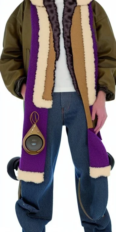 Image shows wholly a Brunette. average body type. Mantle is sewed of recycled Denim and sewed together of camouflage pieces. Camouflage colors are orange,terracotta, cream and purple. Cream latex gaiter. Big bright purple/khaki felt tippet and cream or blue or lilac colored-hood. mantle is merged with satchel. . AKG-style headphones (gold rings!) is merged with small felt cap with small visor. Style: Haute Couture in 1936, Paris fashion in 2023. More yellow(Munsell)!!!