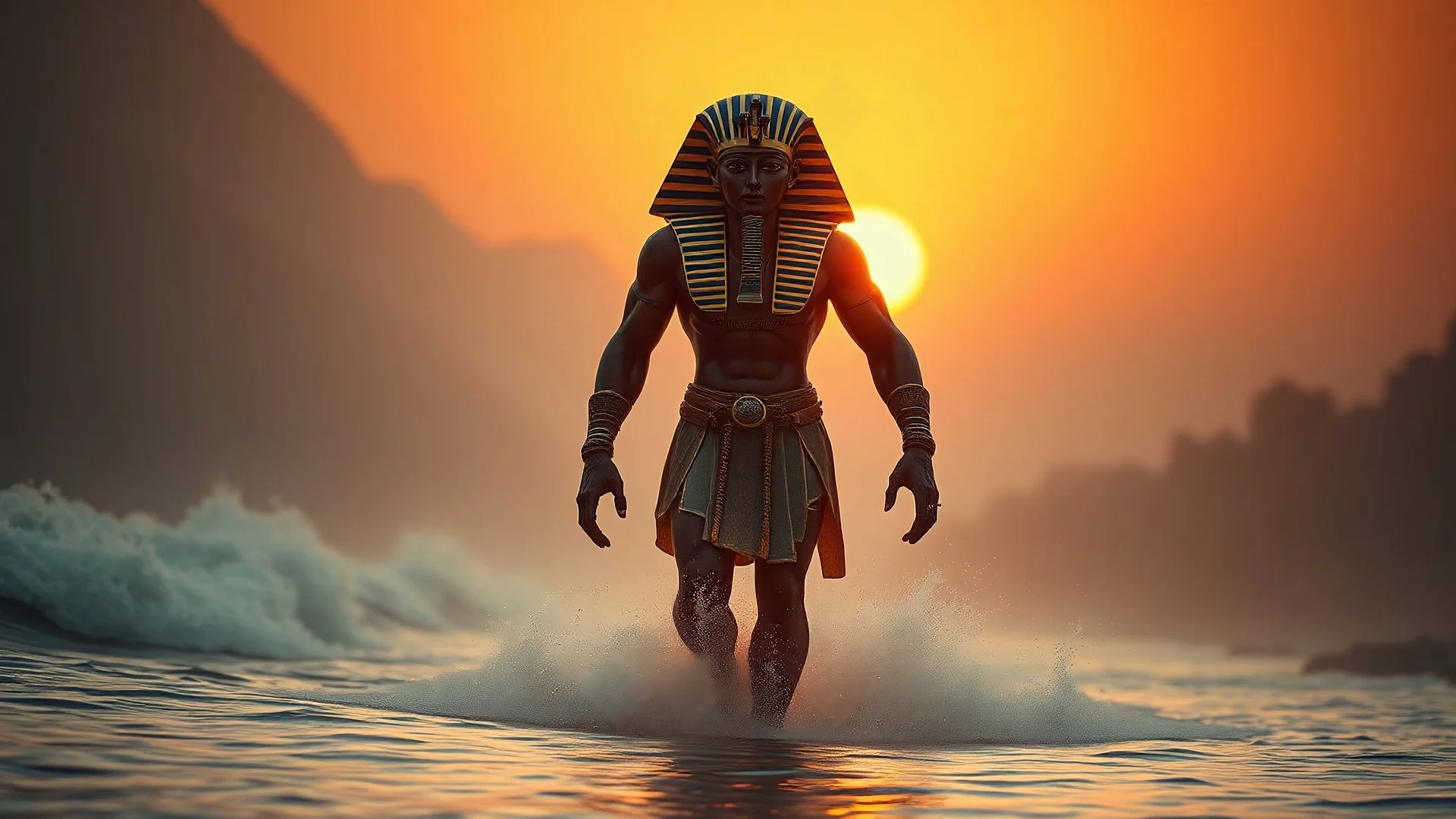 photoreal ultra realistic full body shot of the forever forward walking morphing and changing to sand and stardust gigantic gargantuan human-faced muscular and radiating godlike osiris warrior walking from the Nile with a tsunami in its wake at misty sunset, otherworldly creature, in the style of fantasy movies, photorealistic, bokeh masterpiece smooth shading, ultra detailed, high resolution, cinematic, unreal 6, subtle shadows, octane render, 8k, cinema 4d, HDR, dust effect, vivid colors