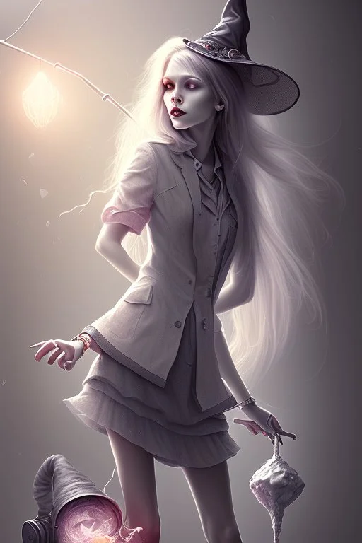 cute witch with broken leg in hospital, realism, depth of field, professional photo,all colors and grey