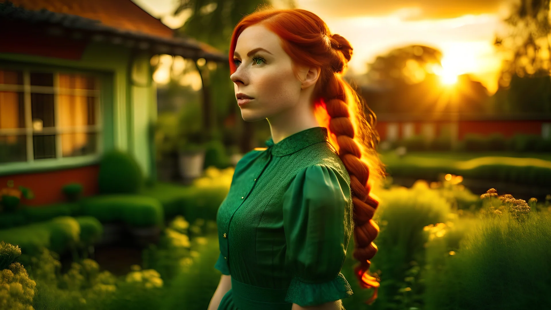 Garden at sunset being rendered to by a beautiful Redheaded woman with plaits wearing a tight green dress