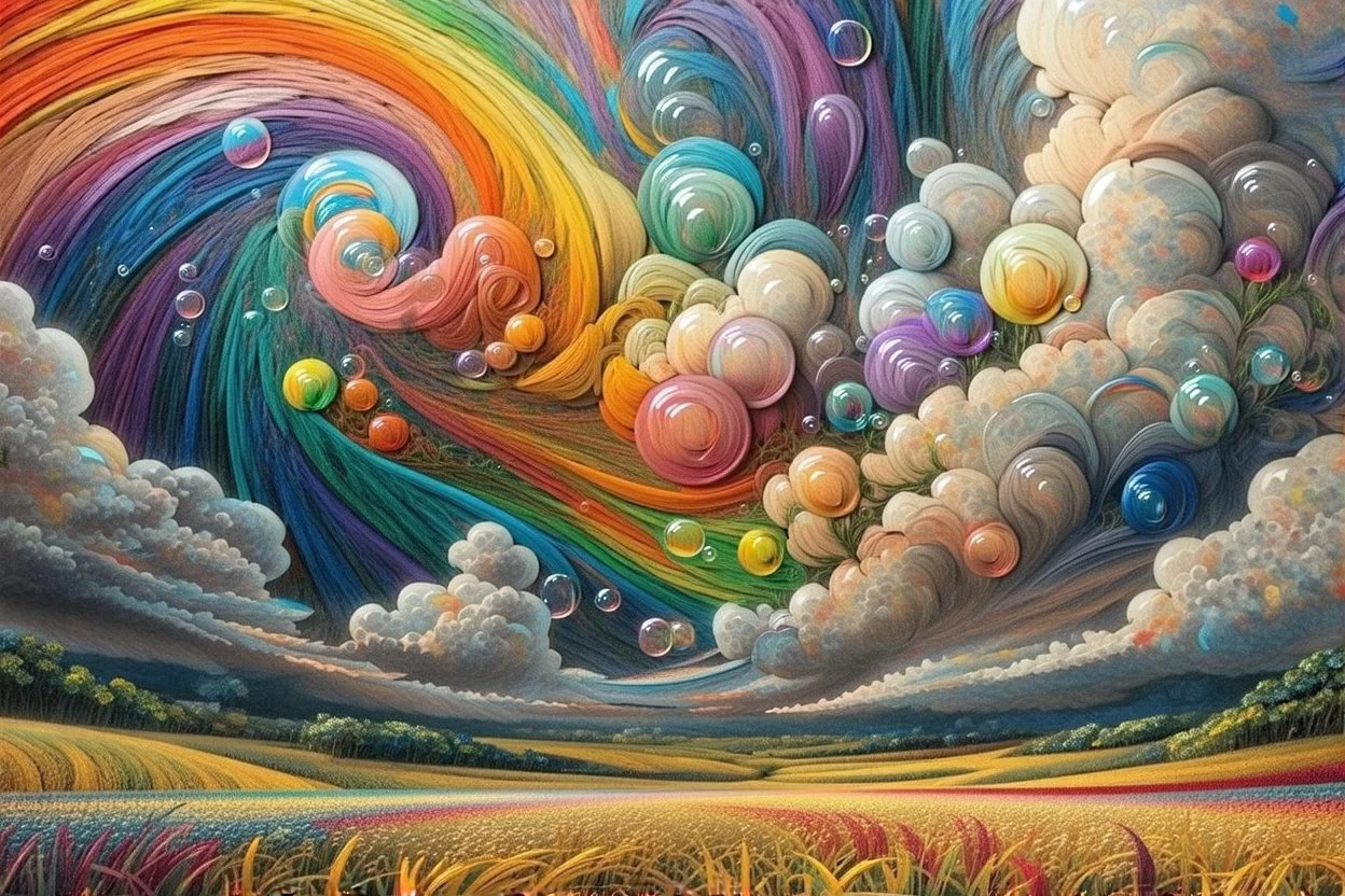 collaboration between Salvador Dali, Vincent Van Gogh, and Jean Baptiste Monge. Swirling rainbow storm clouds over a vast field of long grass and plentiful flowers swaying in the winds. Modifiers: fantasy many rainbow bubbles photorealistic beautiful colourful cinematic postprocessing Van Gogh acrylic art pencil sketch quilling salvator dali Craig Rutkowski