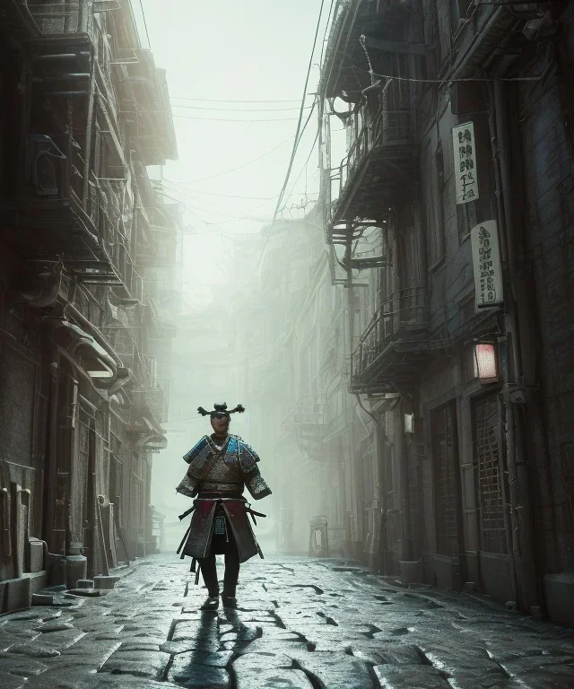 samurai, shadows, Brent Weeks, Night Angel, cobblestone street alley, highly detailed, hyper-detailed, beautifully color-coded, insane details, intricate details, beautifully color graded, Cinematic, Color Grading, Editorial Photography, Depth of Field, DOF, Tilt Blur, White Balance, 32k, Super-Resolution, Megapixel, ProPhoto RGB, VR, Halfrear Lighting, Backlight, non photorealistic rendering