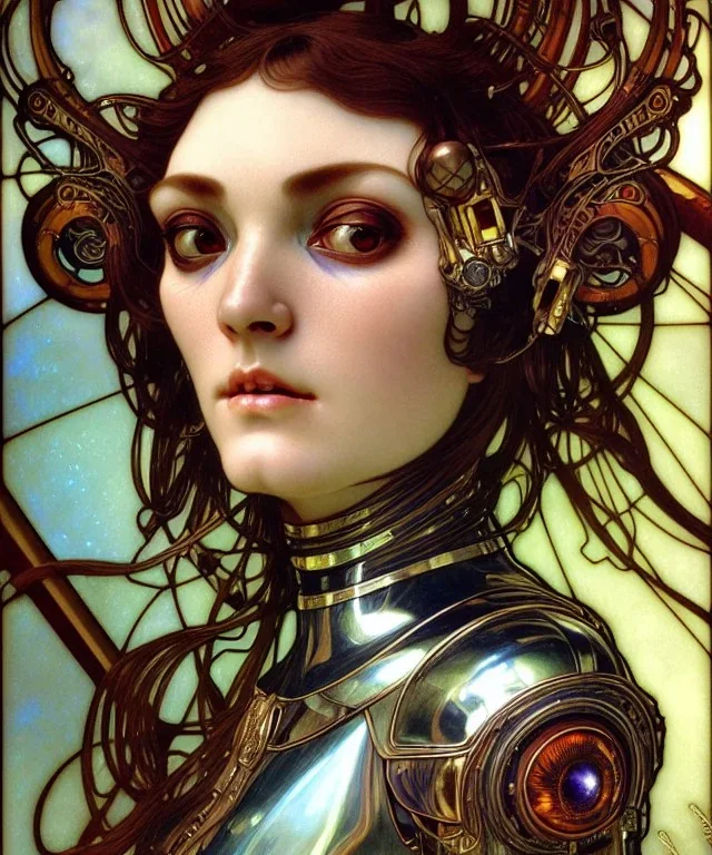 Realistic detailed face portrait of a beautiful futuristic Karen Carpenter queen in opudesignlent alien glass armor by alphonse mucha, ayami kojima, amano, greg hildebrandt, and mark brooks, female, feminine, art nouveau, ornate italian renaissance cyberpunk, iridescent venetian blown glass, neo - gothic, gothic, character concept