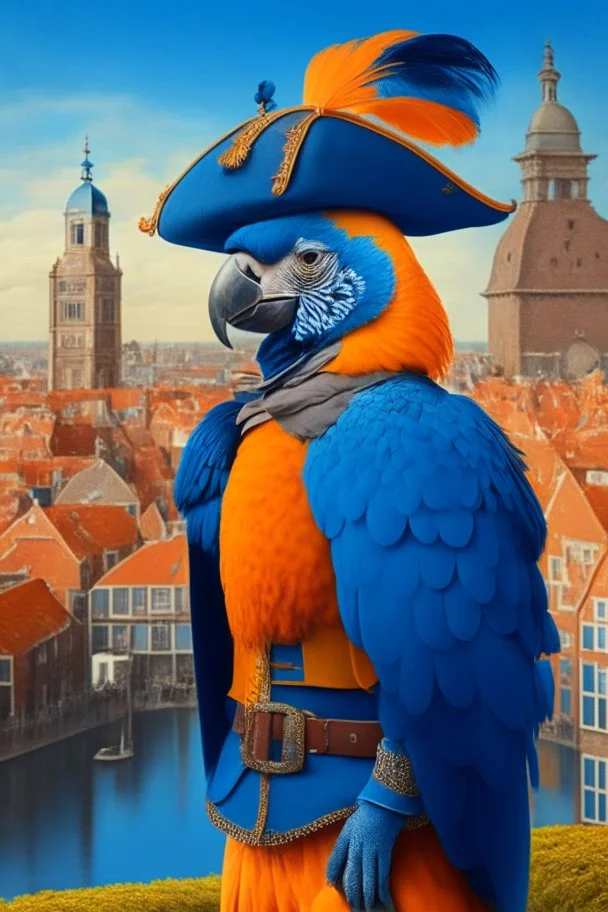 Half parrot half human in a 1700s Orange Dutch uniform next to a Dutch city with blue feathers