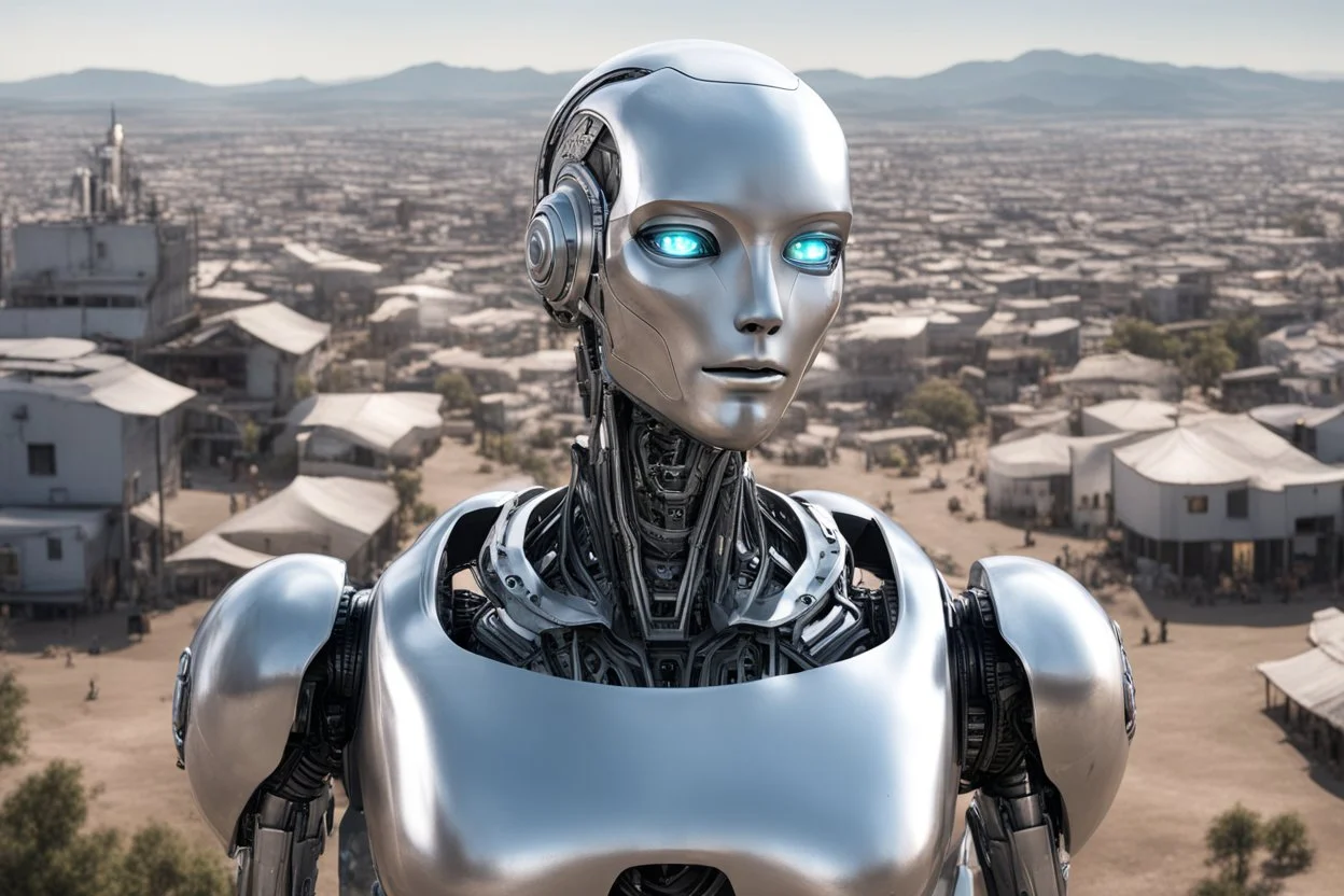 silver humanoid robot, with a human face, standing looking over a small alien town