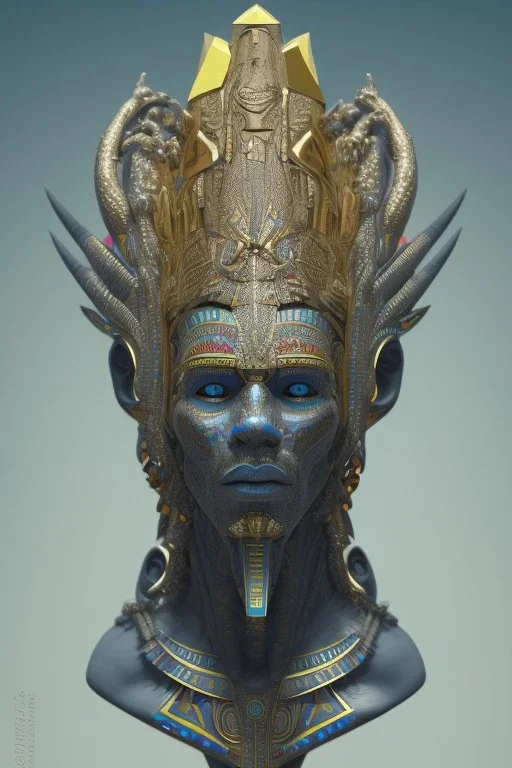 Aztec male African Egyptian alien, cracks in the voodoo head, wicked, eyes, crown, Elephant, 8k, finely detailed, photo realistic, tiger turquoise skull head gold dragon space alien snow skeleton gold hornytoad silver crown silver eyes