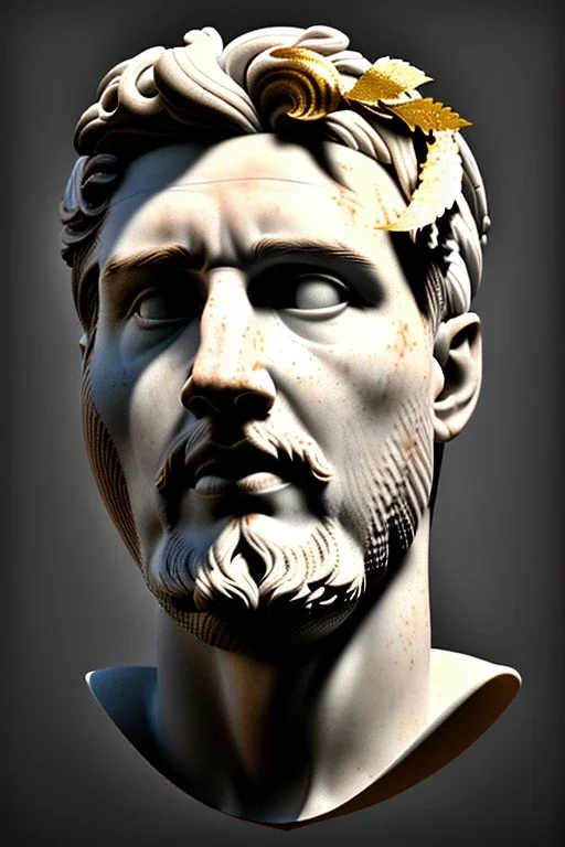 Ultra Realistic image, Roman sculpture bust, clean white marble material, Lionel Messi, gold Laurel leaves wreath, renaissance ornaments, one gold star, blue sky background, waist up portrait, epic, cinematic lighting, god light, 4k resolution, smooth details, ornate details, soft lighting, unreal engine 5, art station, substance 3d, art concept.