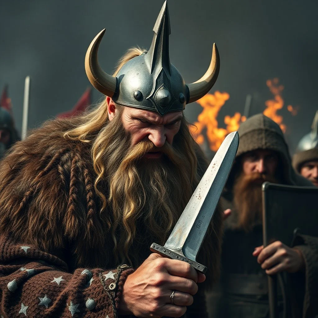 very angry viking cutting heads of stupid russians