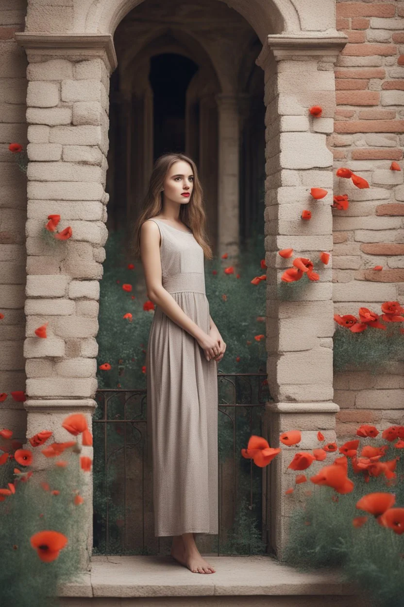 A beautiful girl standing in classic old building with bricks stones texture with a balcony filled with red poppies growing out of it