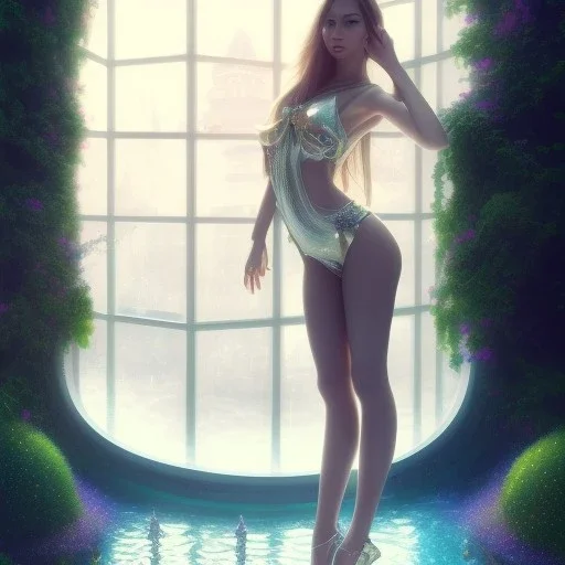 beautiful girl with very nice fashion clothing ,pretty high heels,standing next to window in a luxury room in a modern city posing to camera,full body show, 8k resolution concept art portrait hyperdetailed intricately detailed Splash art trending on Artstation triadic fullbody portrait paint, very beautiful woman playing in water on very lux grand pool of a very modern villa ,sunset Light, dynamic, highly detailed, photo