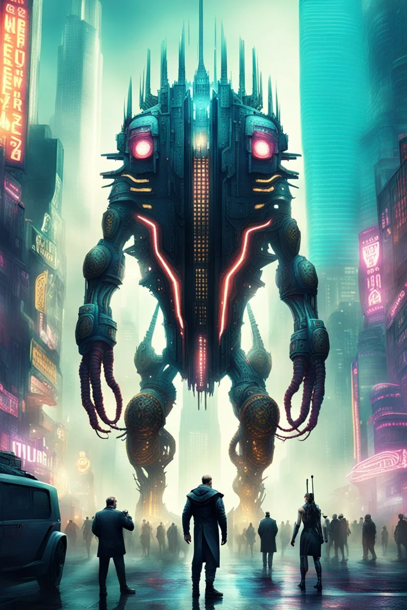 cities of the future cyberpunk in the center of the monster stands on its hind legs