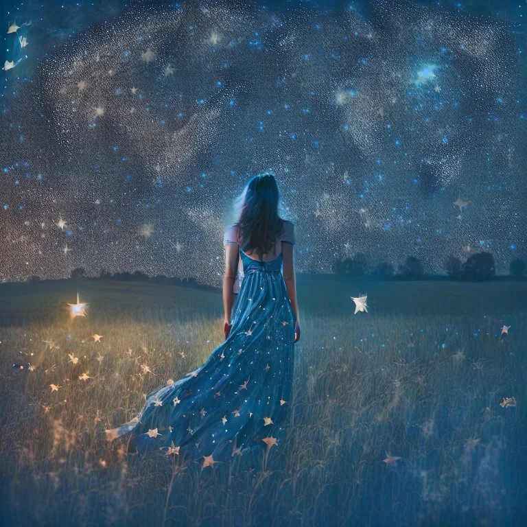 a young woman in a sleeveless dress seen on the back in a field at night with lots of stars, looking at an apparition in the sky