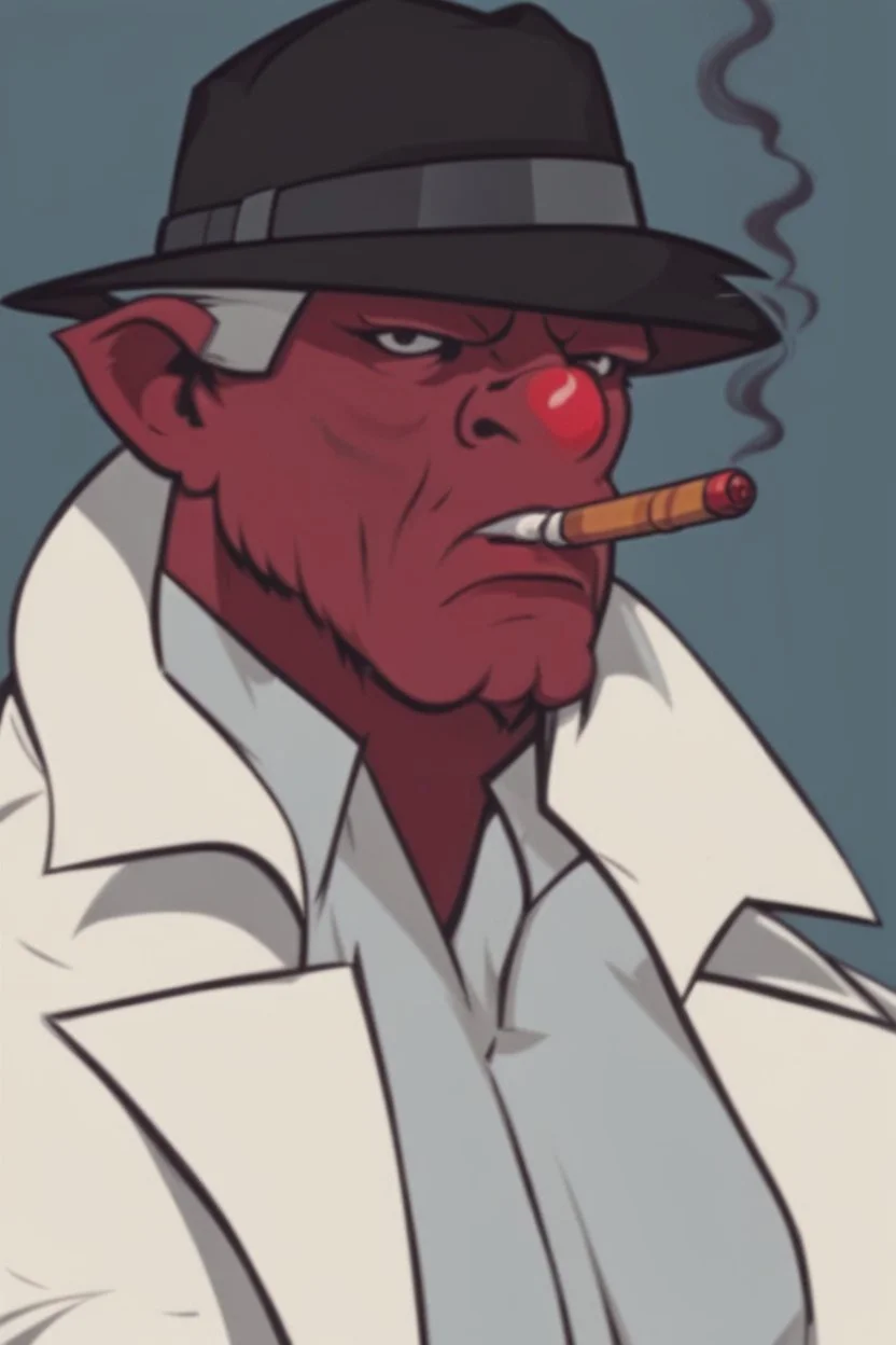 A red demon wearing a black police outfit smoking a cigerate.