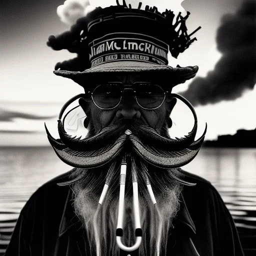 pencil Black and white Portrait of old fishermen sitting on a chair ,long beard, smoke coming out of Wooden Tobacco Smoking Pipe ,wearing a bucket hat, Cloudy background ,sunset, fantasy 8k by Van Gogh