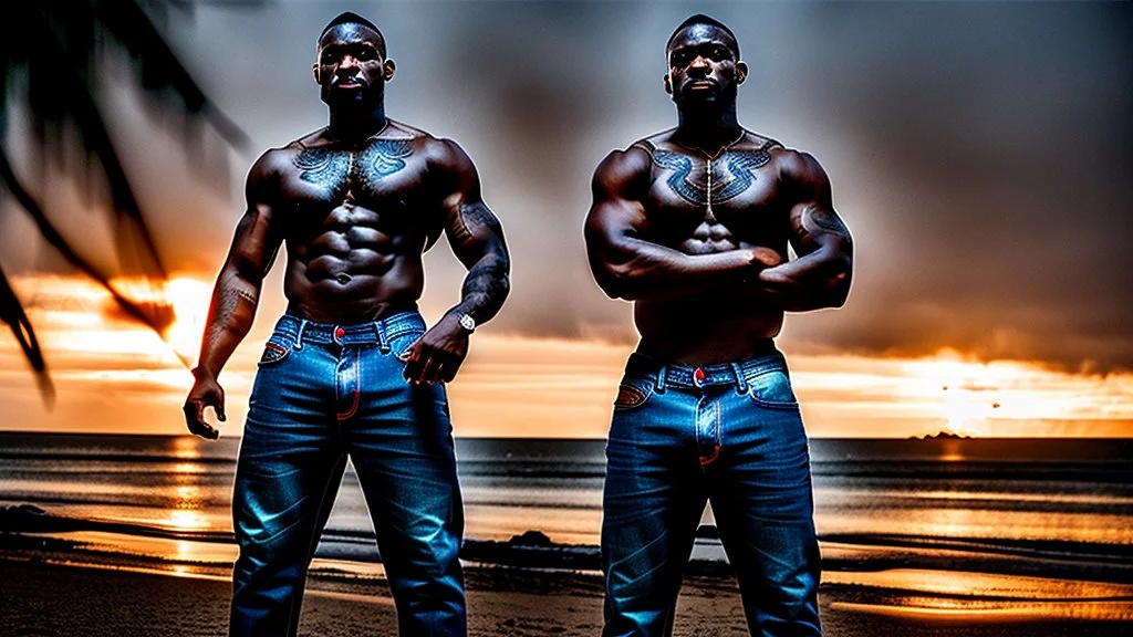 half figure shot Photography Of three congolese angry ugly muscular Burly thin 27 Years Old in the night, dressed with elegant shirt and jeans , sweat ,Tattoo, short hair , Beard,crossed arms, big arms, At The Beach At Midnight , Illuminated By Bonfire, Photorealistic, 8k, Global Illumination, Detailed And Intricate Environment ambien occlusion, view from the ground