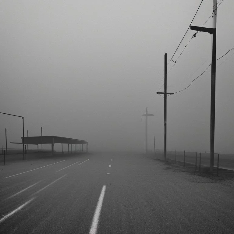 An empty carpark on a misty day. Telegraph poles and wires. Muted tones. Tilted horizon. With blotches, blurry areas and lens noise and grain. Hyper realistic Photo 4k