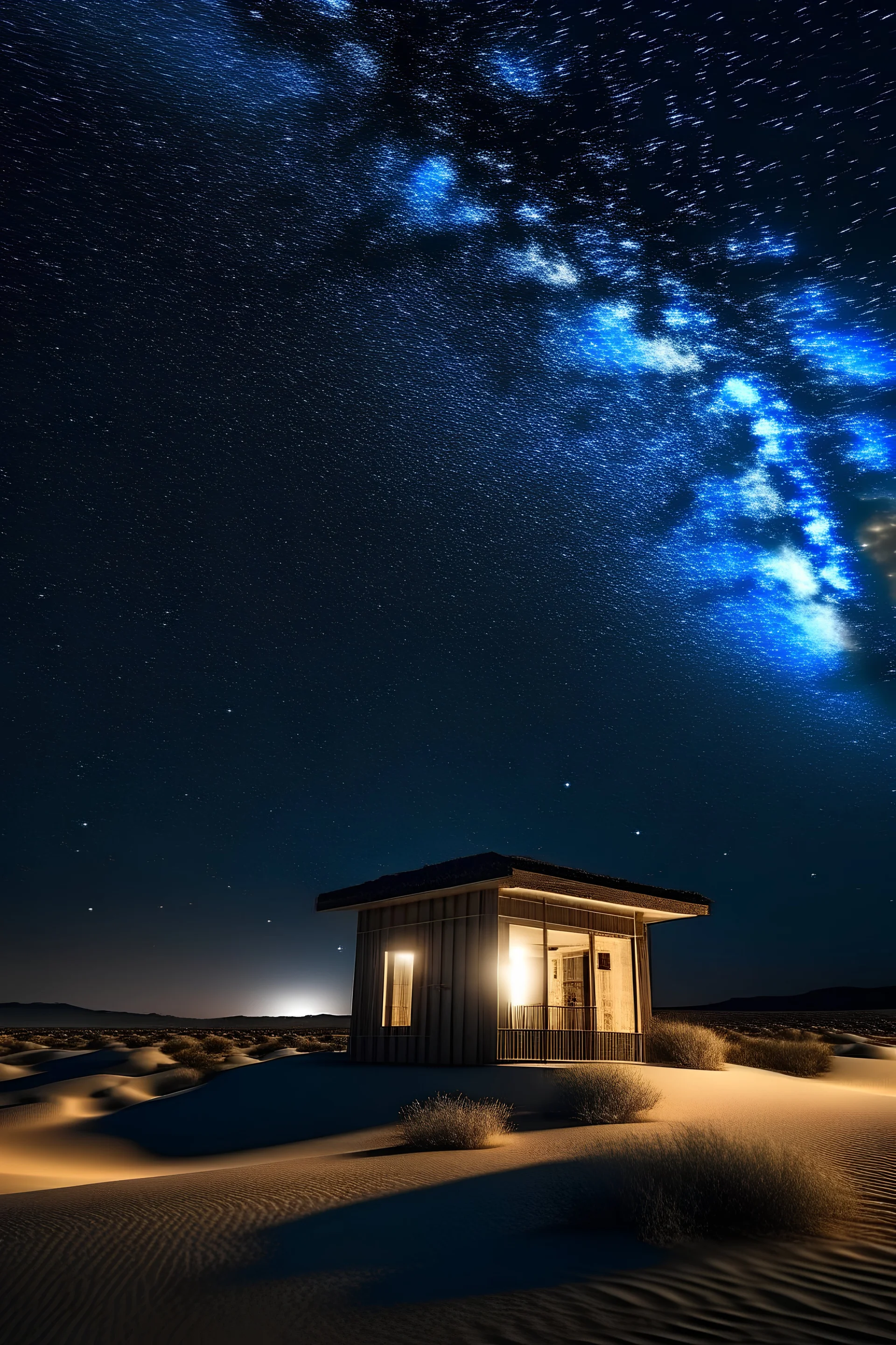Edificio en el desierto bajo las estrellas