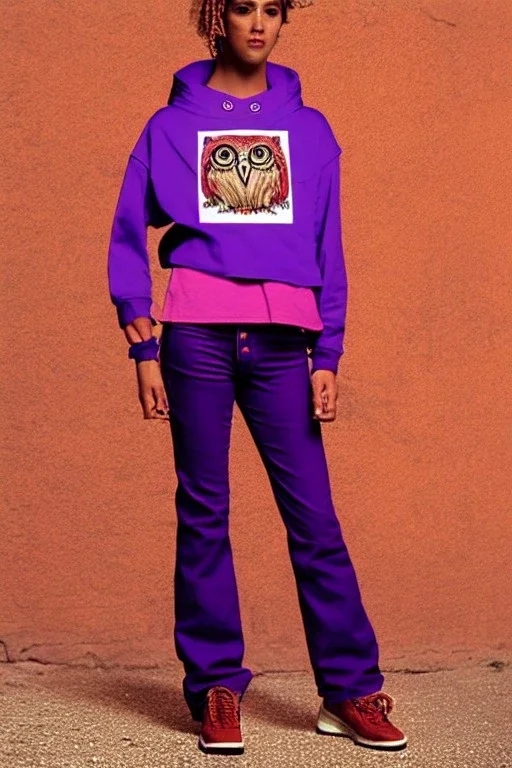 1990's street women fashion low waist light trousers, t-shirt that has a new kind of hoodie with high tippet, which turns down along zipper! Colors: all denim colors, purple, khaki, lilac, plum, orange, terracotta, red, pink, dark blue, beige. Patterns: lynx, balls, stripes. lynx belt. starling or owl prints. Women models. Missy Elliot, Sandra Bullock, Milla Jovovich, Big tennis shoes on. Latex, denim and leather. A new kind of hat with small visor