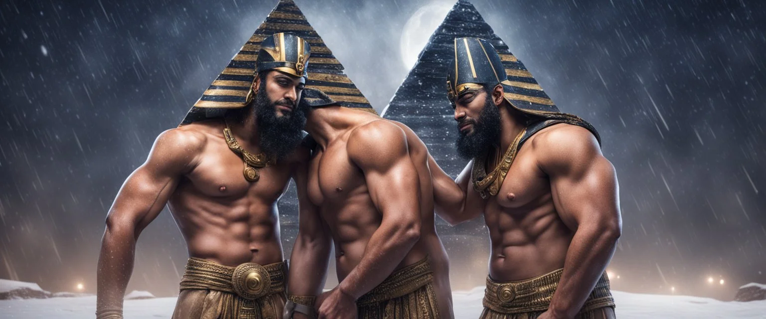 Hyper realistic shirtless muscular male Egyptian pharaohs hugging & a pyramid behind at snowfall night