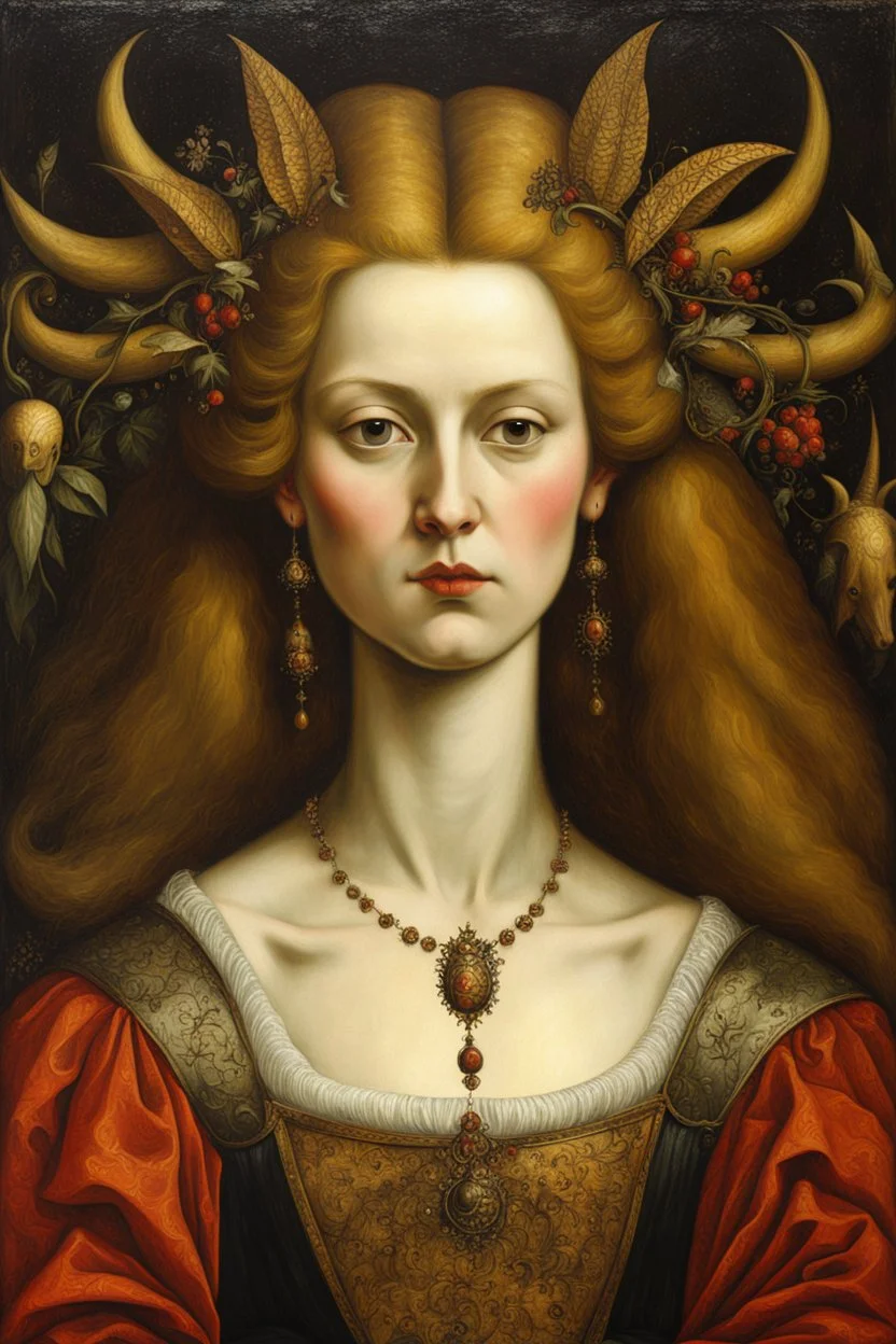 a Flemish Renaissance era oil painting of an otherworldly, richly adorned, epic fantasy female vampire , highly detailed hair and facial features, in the style of Pieter Brueghel, Jan van Eyck, and Hieronymus Bosch, aged canvas, antique craquelure finish, archaic museum quality masterpiece, 4k