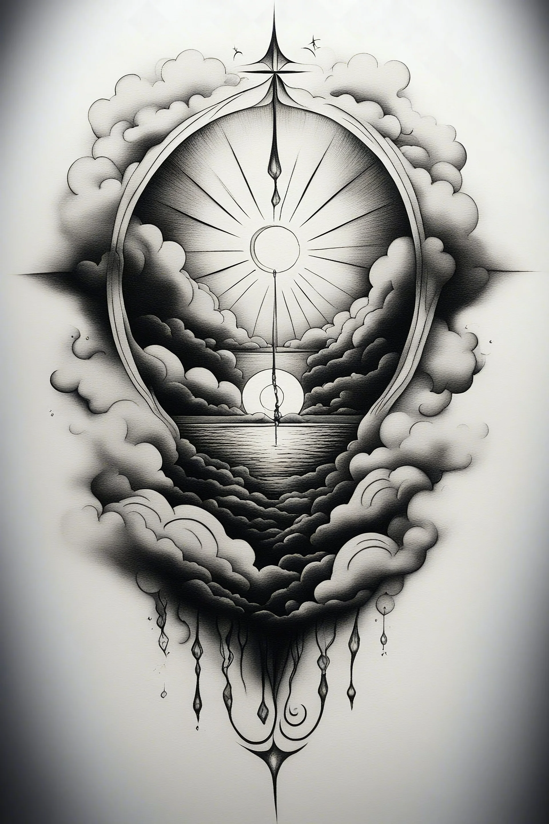 Create a detailed blackwork tattoo design of a burst of light gently fading into the freedom of clouds and acceptance of truth. In the style of Salvador Dali